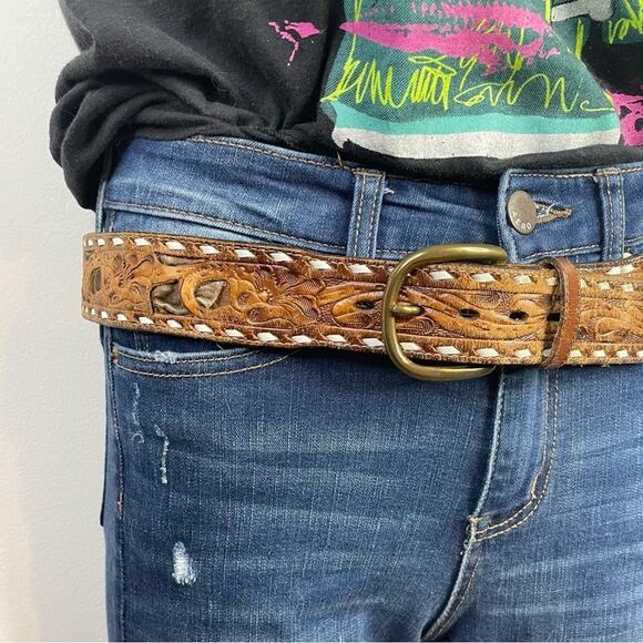 Vintage Distressed Worn Tooled Floral Cowboy Western Cowboy John Belt unisex 34 - Picture 8 of 16